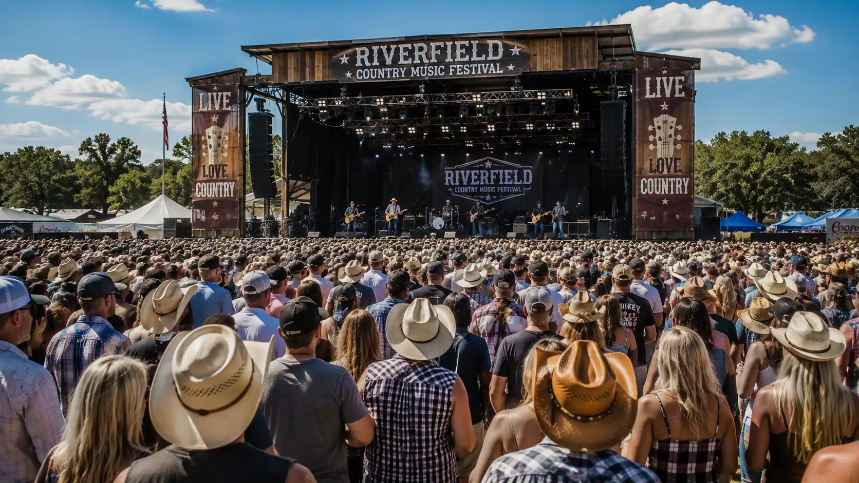 A concert scene of audience watching a band on stage